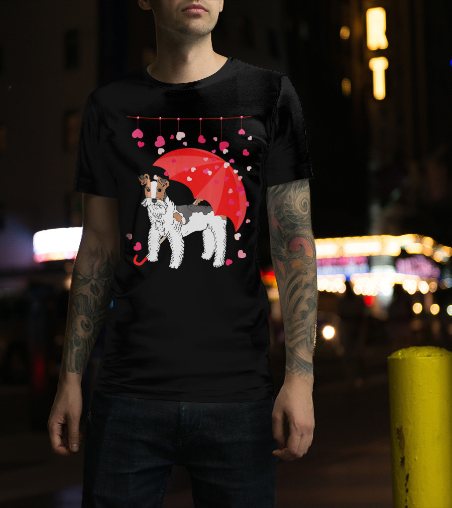 Fox Terrier With Red Umbrella And Falling Hearts Valentines T-Shirt