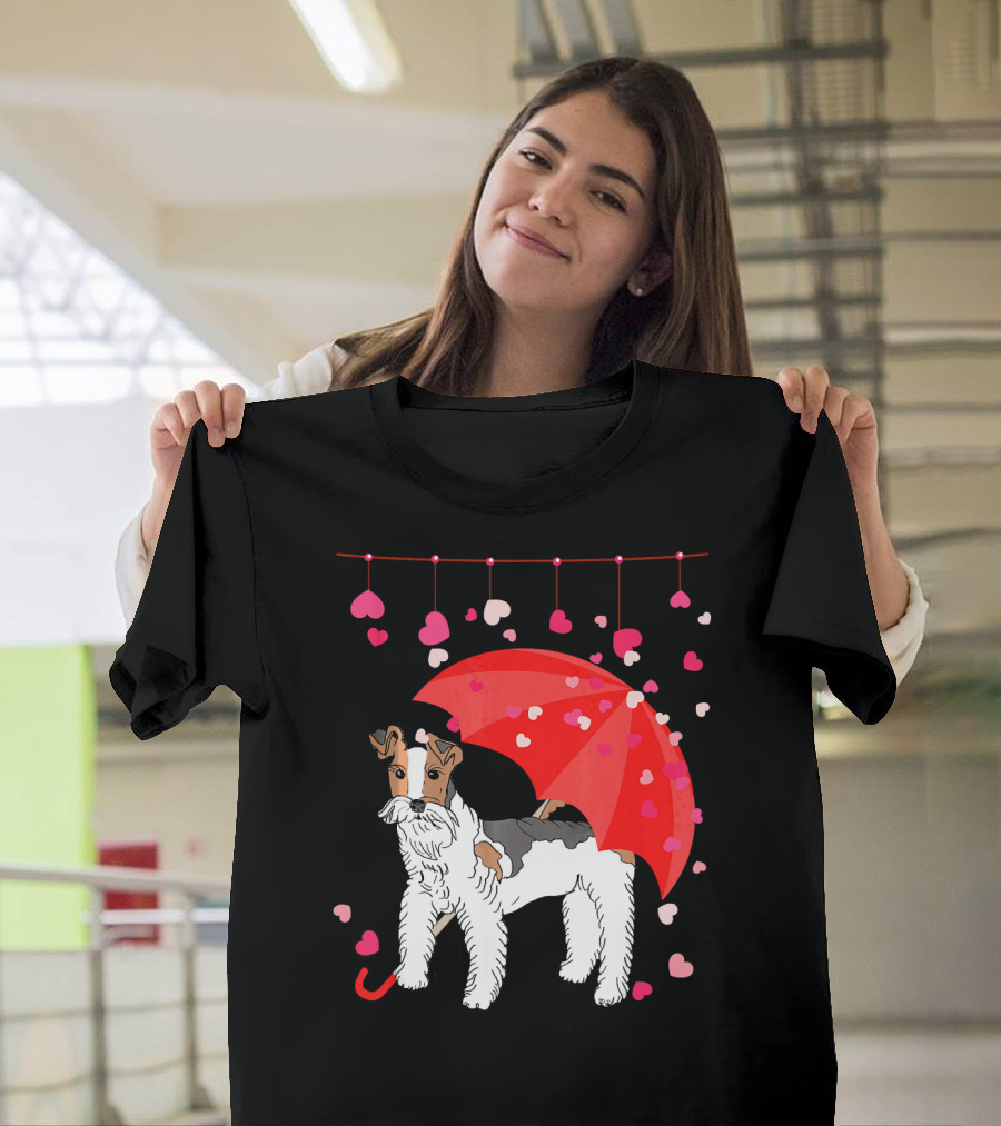 Fox Terrier With Red Umbrella And Falling Hearts Valentines T-Shirt