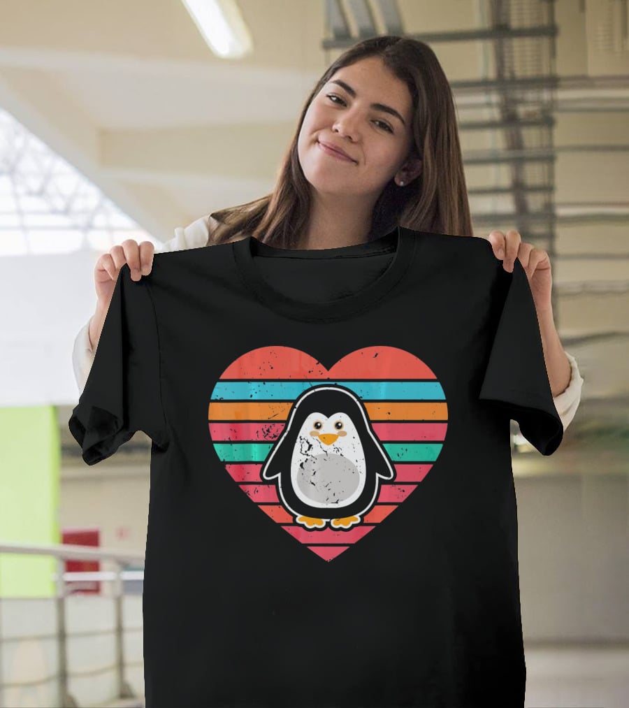 Funny Penguin Valentines Day Heart Stripes T-Shirt