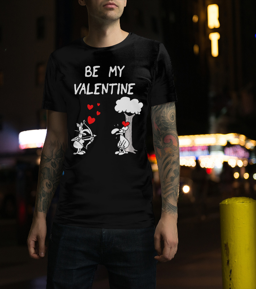 BE MY VALENTINE Funny Valentines Day Cupid Cartoon Hearts Tree T-Shirt