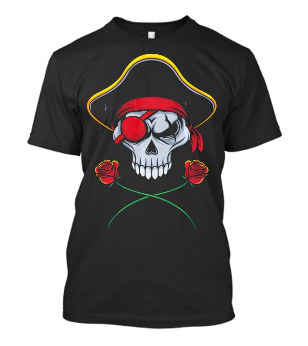Funny Valentines Day Pirate Skull Roses Eyepatch Bandana T-Shirt