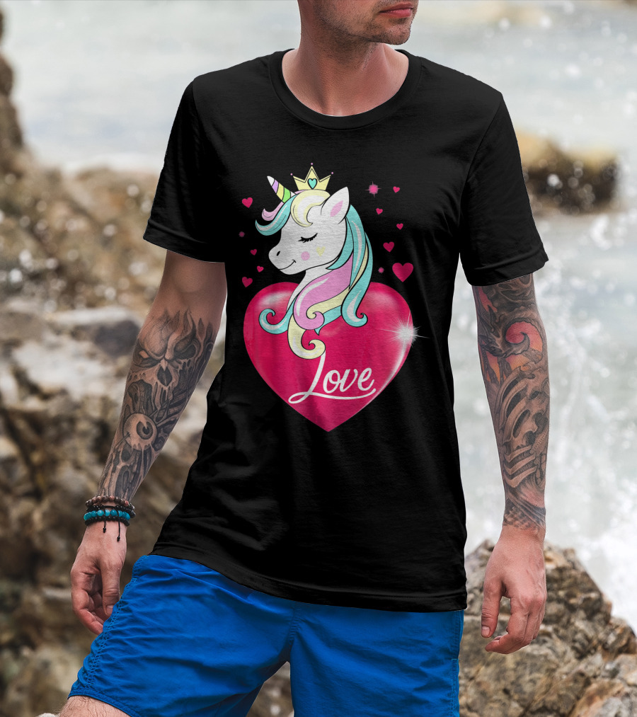 Love Heart Unicorn With Crown And Hearts Valentine's Day T-Shirt