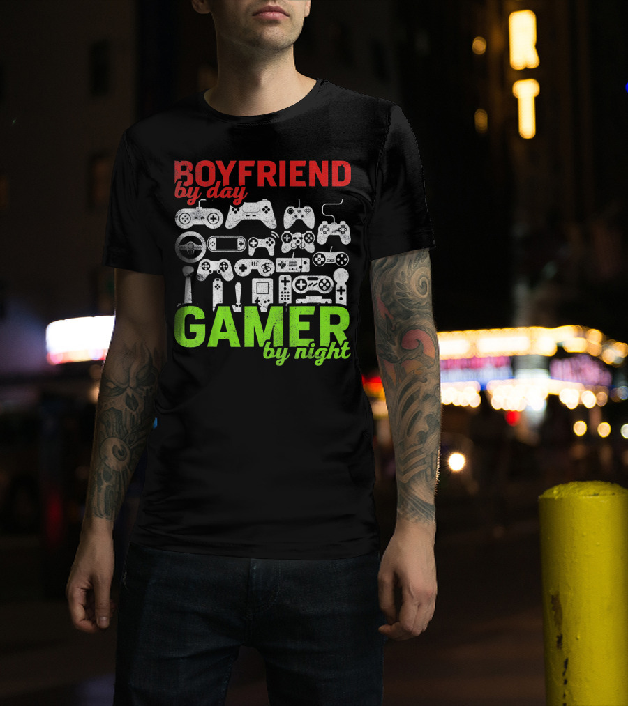 Boyfriend By Day Gamer By Night Valentines Day Gamer Controllers T-Shirt