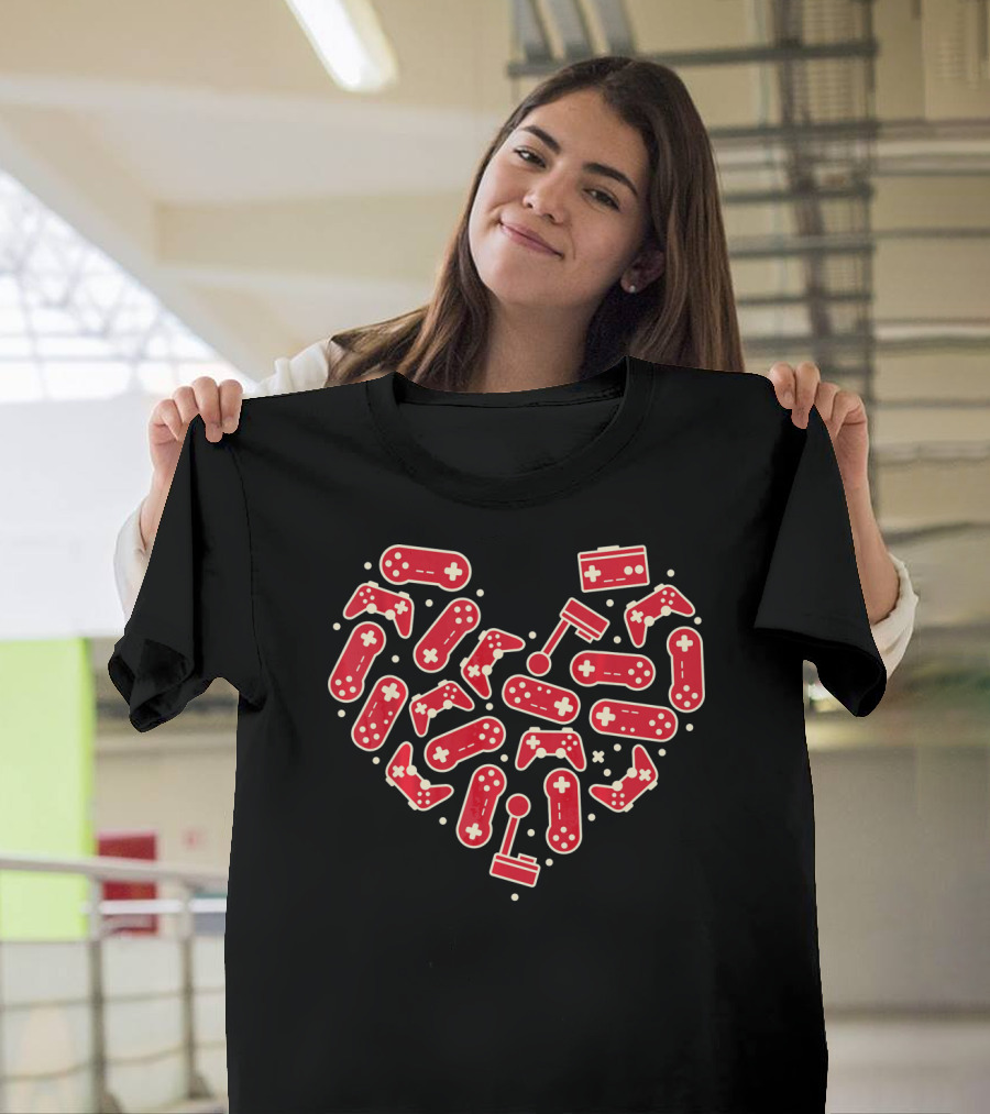 Gamer Valentines Day Couple Heart With Gaming Controllers And Joysticks T-Shirt