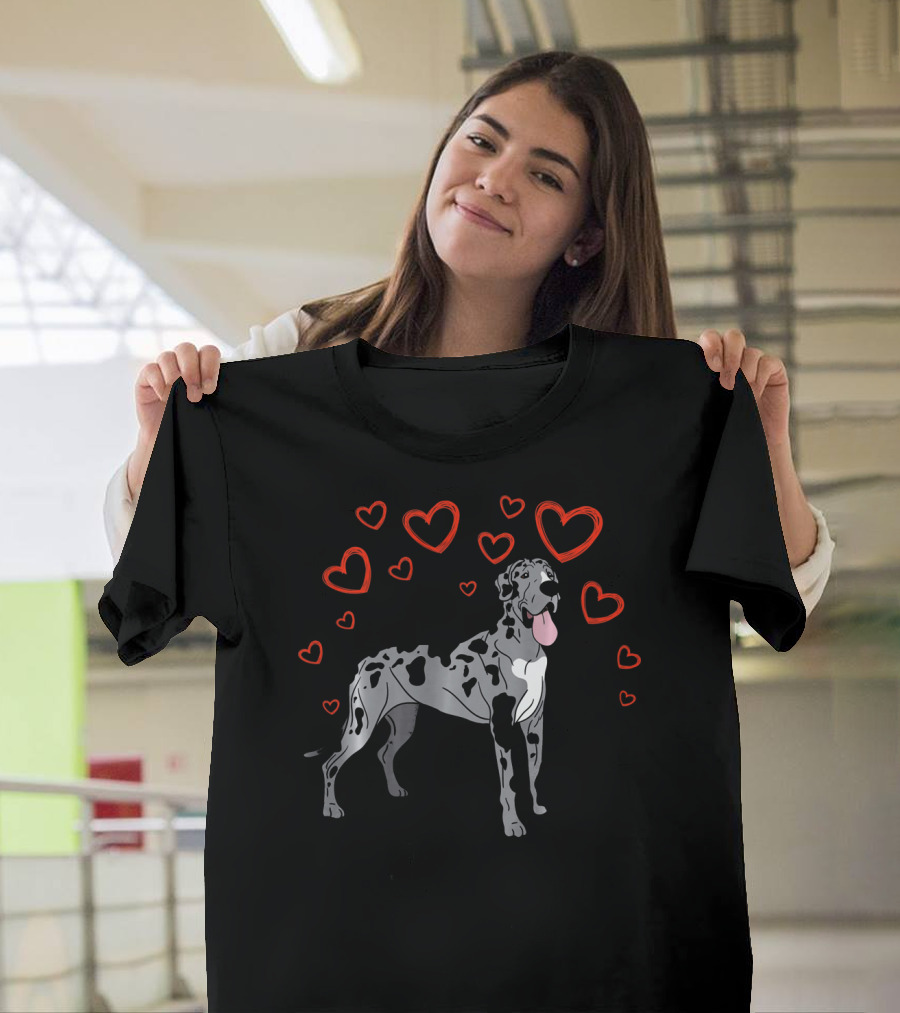 Great Dane Surrounded by Red Hearts Valentine Love T-Shirt