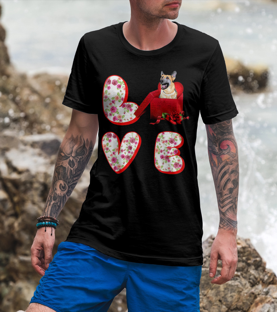 Valentine Love With German Shepherd In Floral Heart T-Shirt