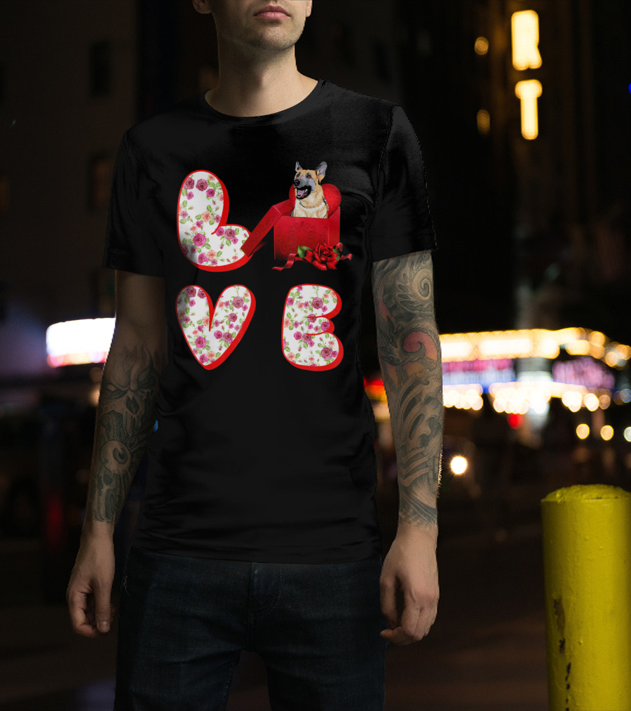 Valentine Love With German Shepherd In Floral Heart T-Shirt