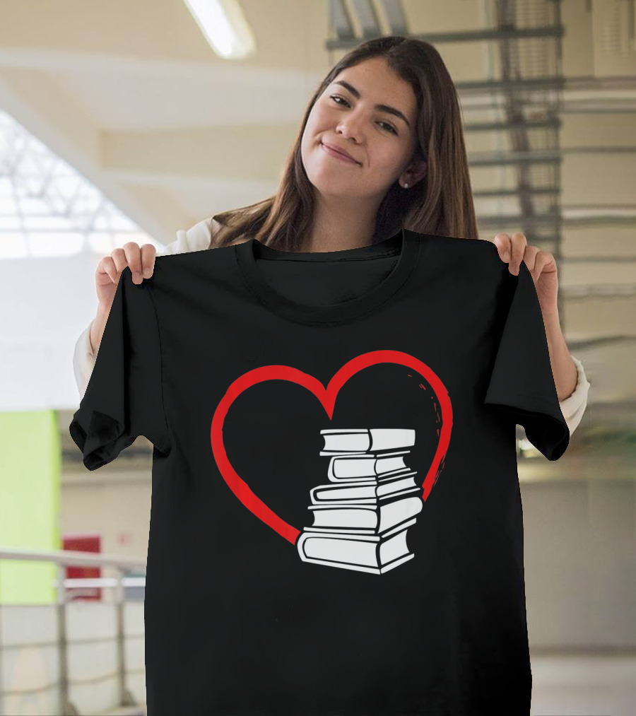 Heart And Book Stack For Book Lovers T-Shirt