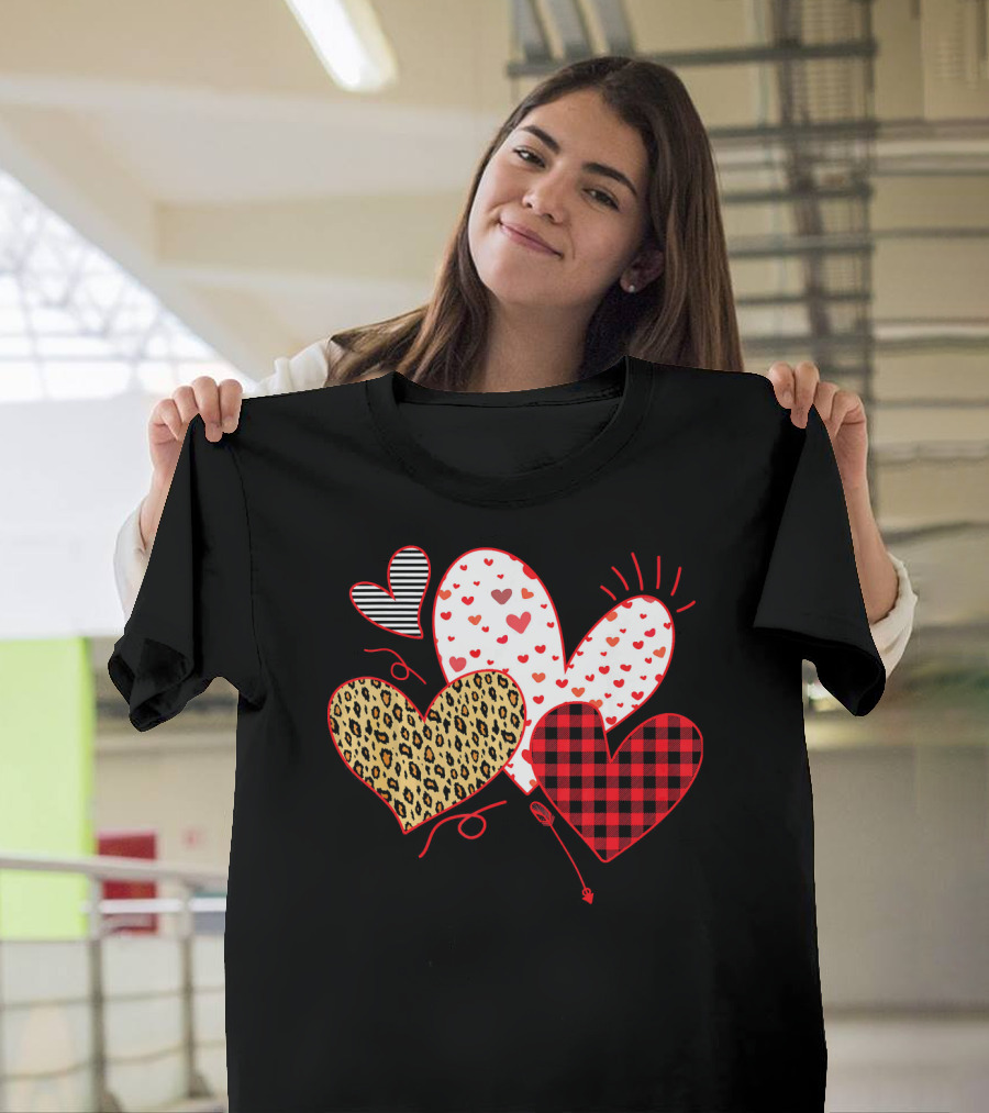 Girls Valentines Day Love Hearts Leopard Plaid T-Shirt