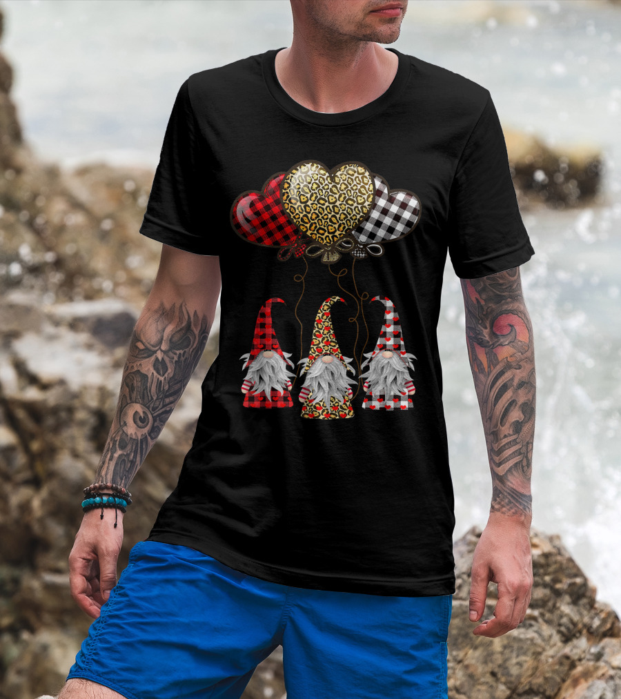 Gnomes Holding Heart Balloons With Buffalo Plaid And Leopard Print T-Shirt