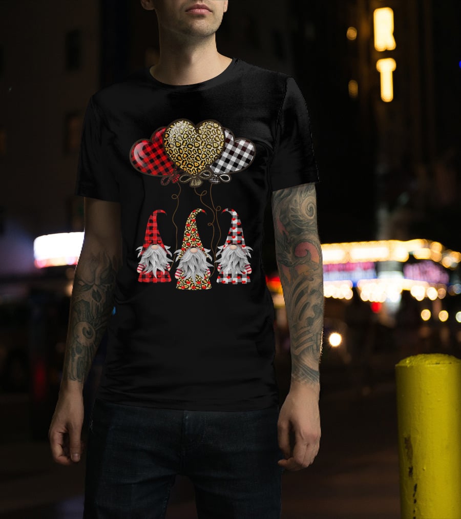 Gnomes Holding Heart Balloons With Buffalo Plaid And Leopard Print T-Shirt