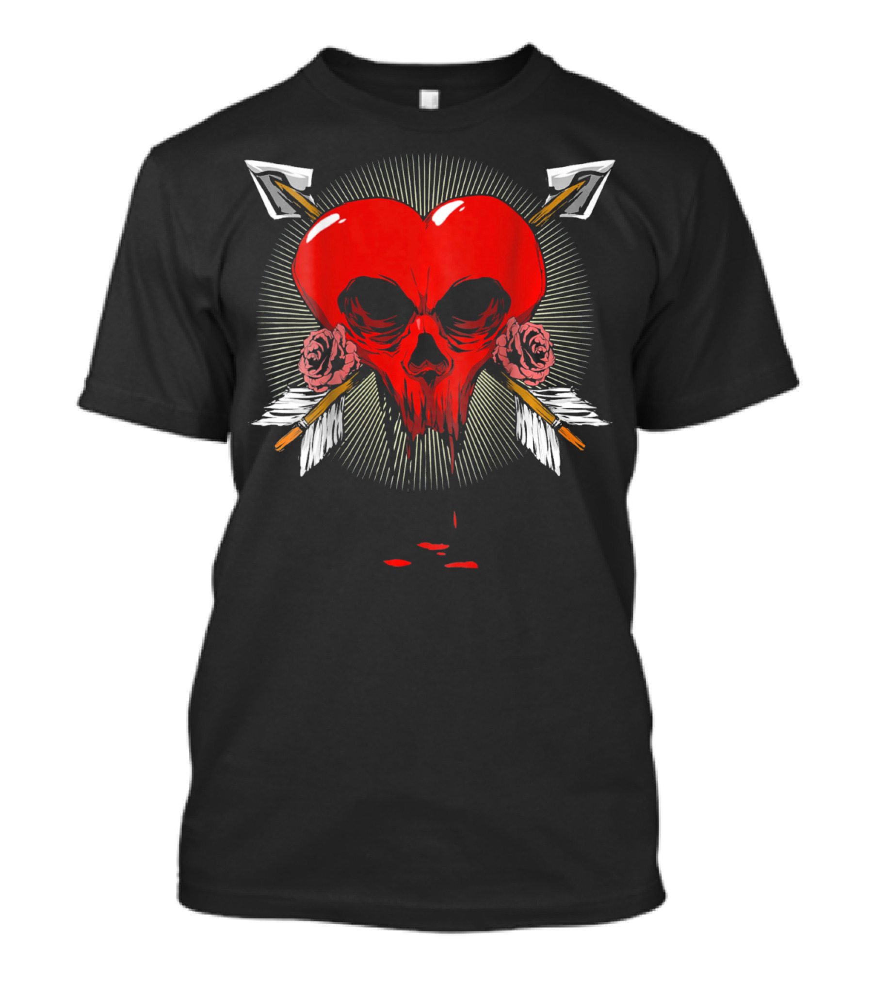 Gothic Heart Skull With Arrows And Roses Valentines Day T-Shirt