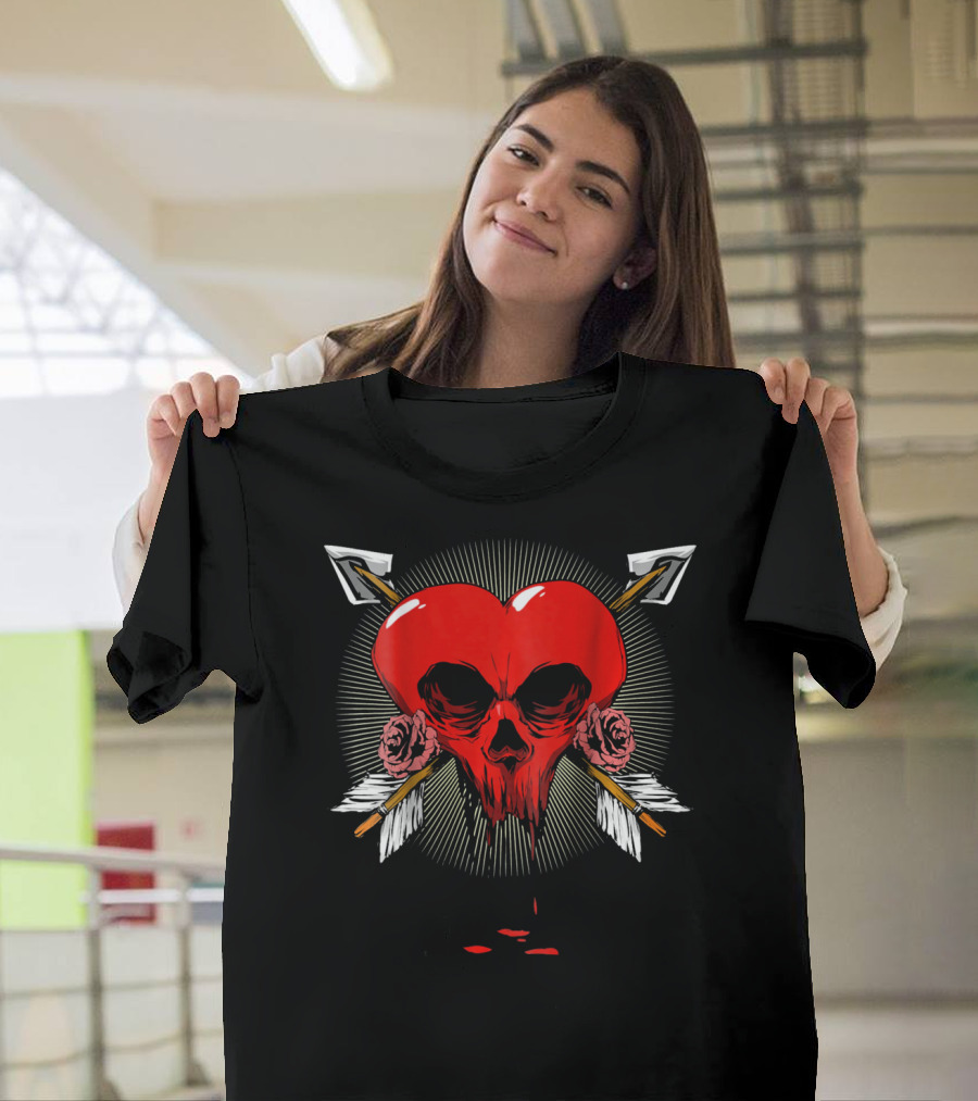 Gothic Heart Skull with Arrows and Roses Valentines Day T-Shirt