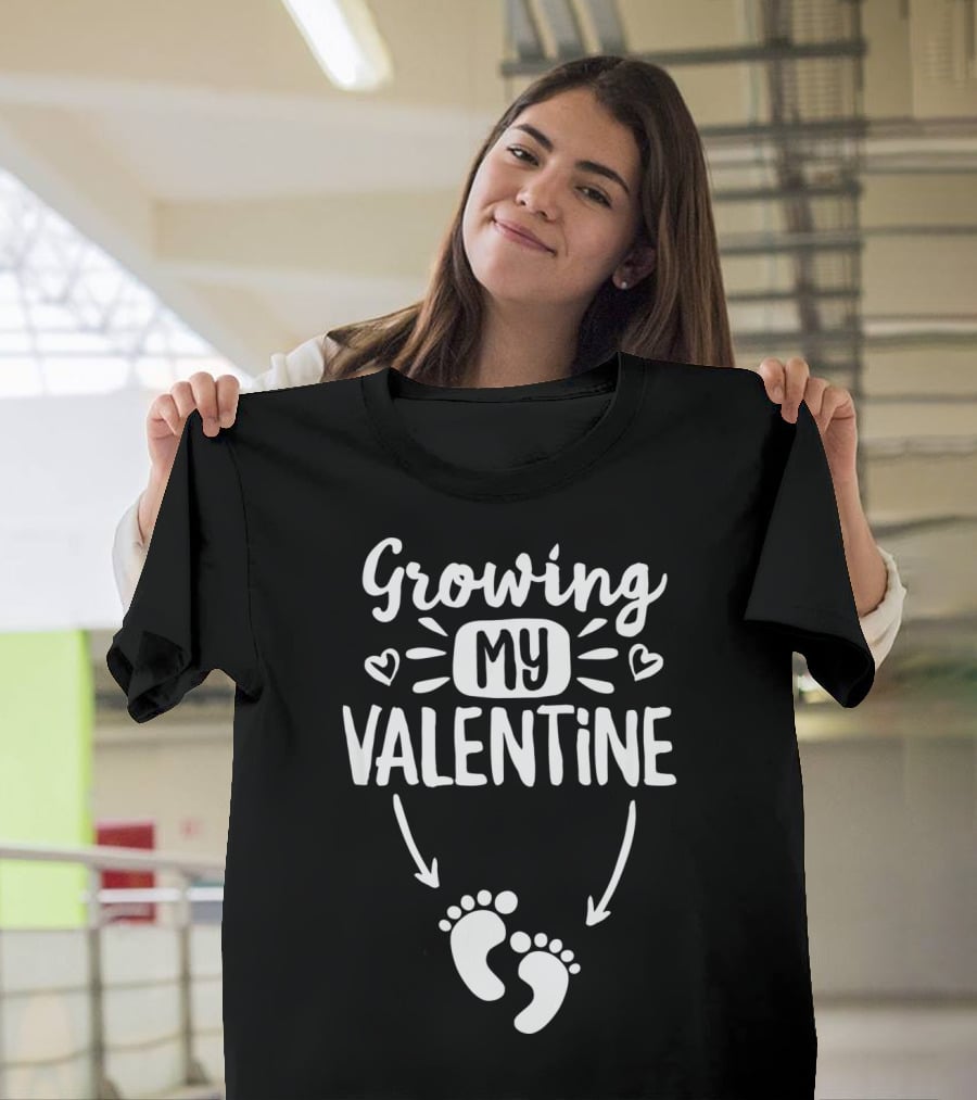 Growing My Valentine Pregnancy Announcement With Baby Footprints And Hearts T-Shirt