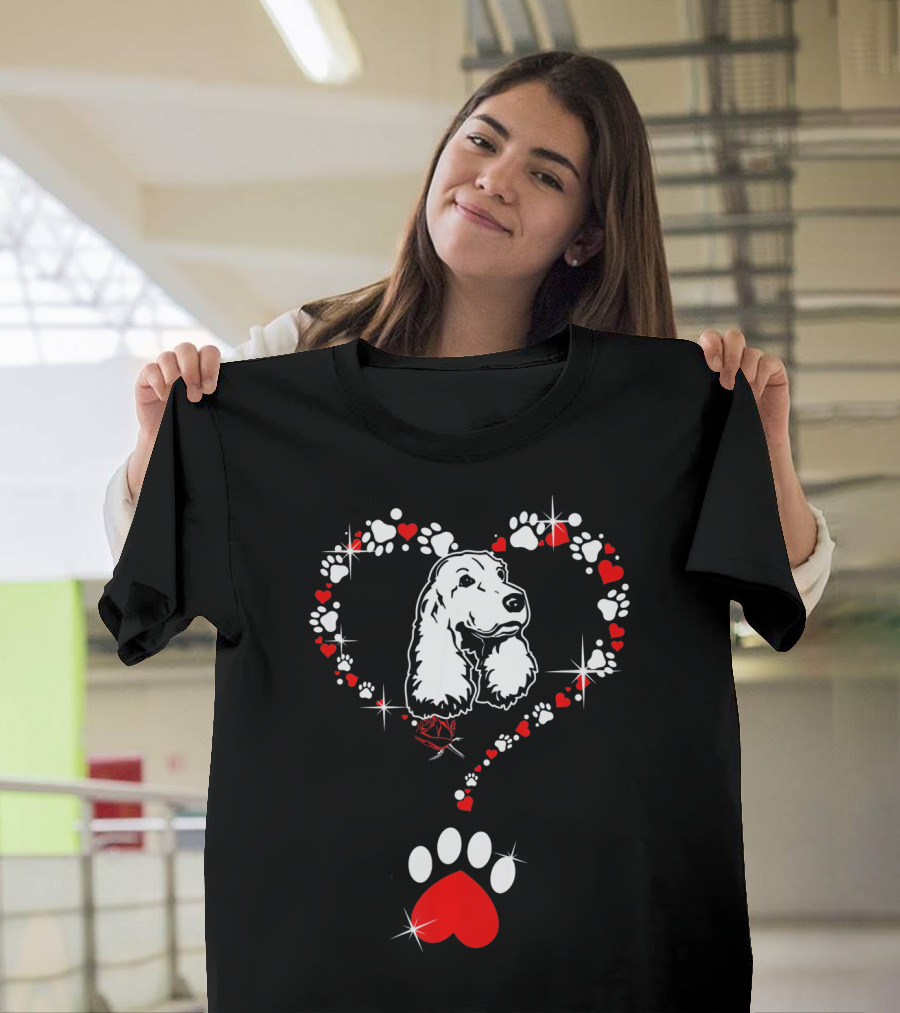 Happy Valentine Cocker Spaniel Dog Heart Paw Prints T-Shirt