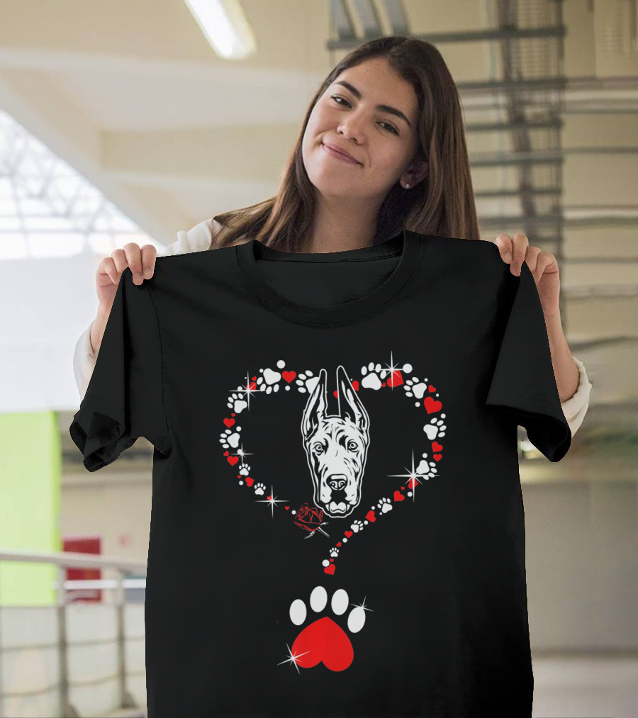 Happy Valentine Great Dane Dog Heart Pawprint T-Shirt
