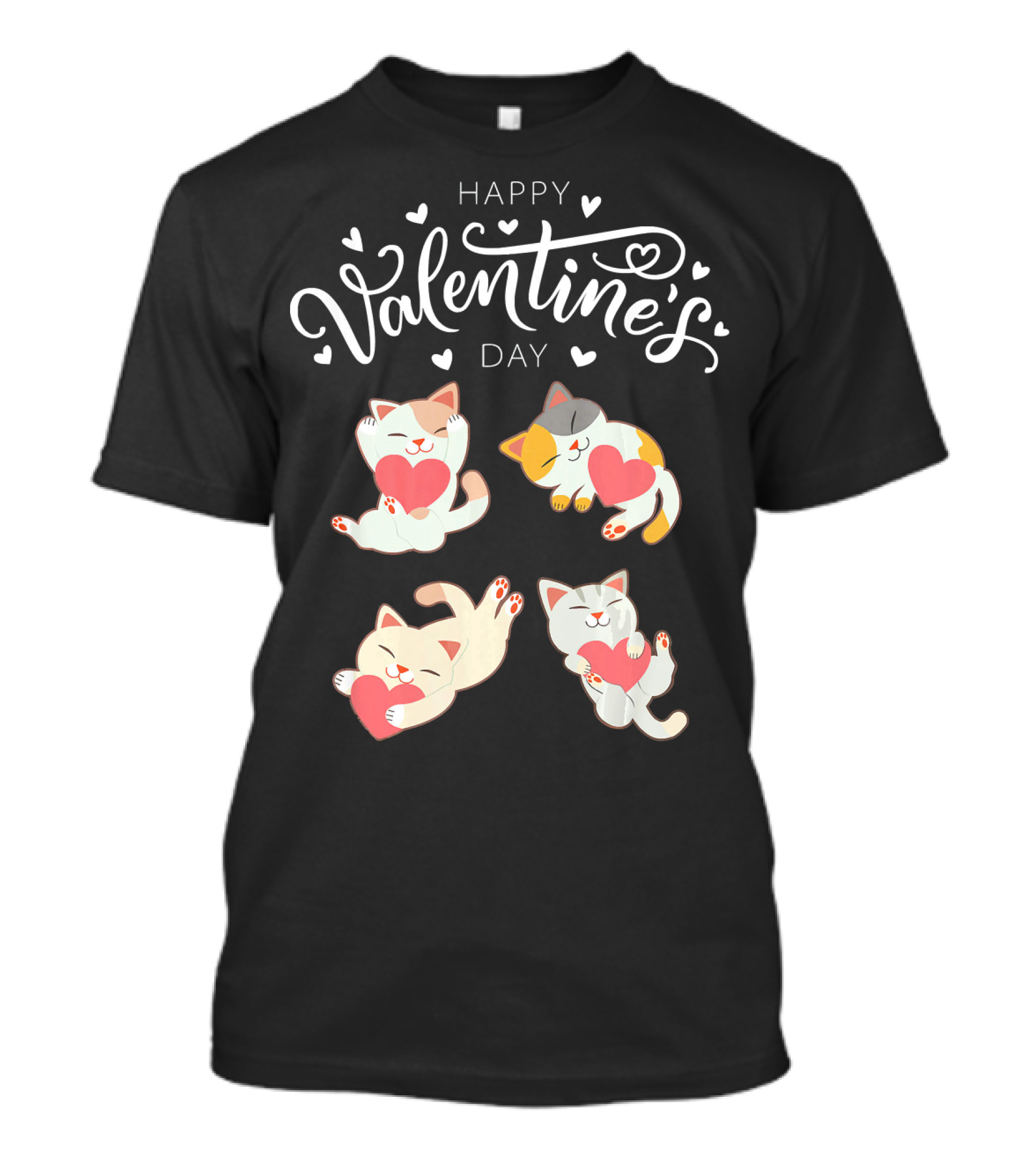Happy Valentine's Day Four Cute Cats Holding Hearts T-Shirt