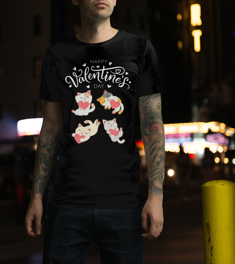 Happy Valentine's Day Four Cute Cats Holding Hearts T-Shirt