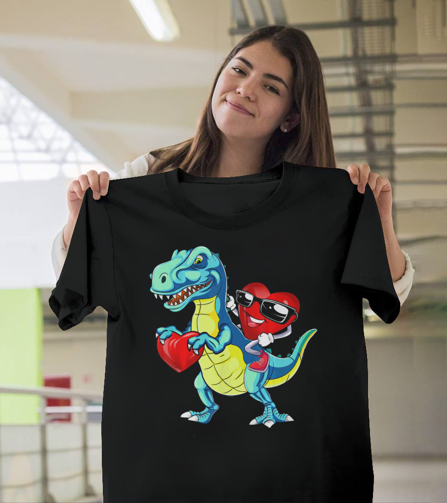 Valentine Heart with Sunglasses Riding Dinosaur with Heart T-Shirt
