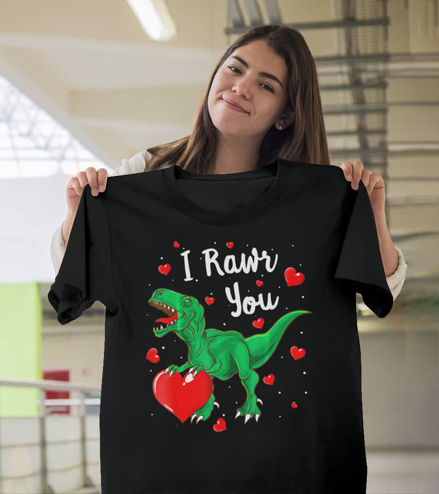 I Rawr You Dinosaur Valentine Green T-Rex with Red Hearts T-Shirt