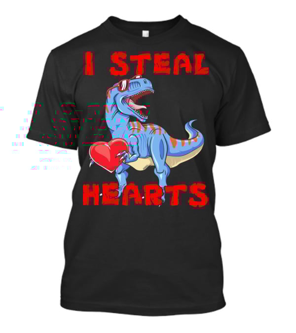 I Steal Hearts Dinosaur Valentines Red Heart Sunglasses T-Shirt