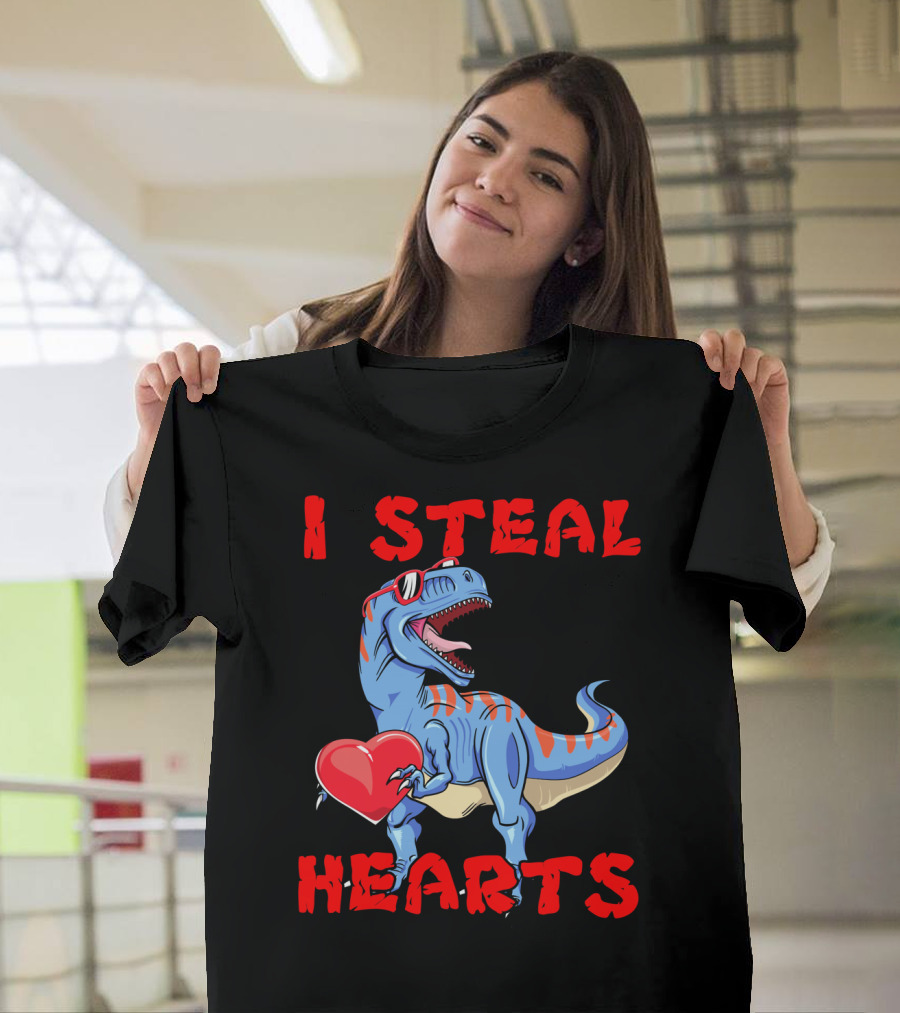 I Steal Hearts Dinosaur Valentines Red Heart Sunglasses T-Shirt