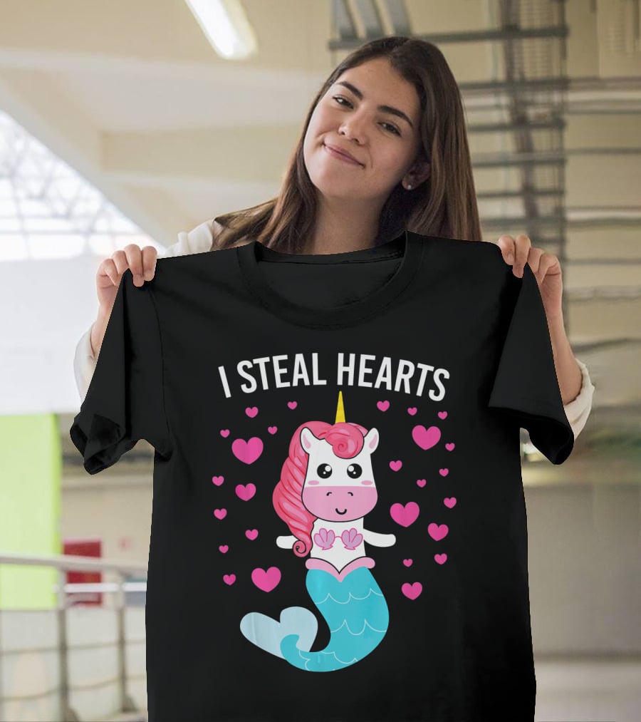 I Steal Hearts Cute Mermaid Unicorn Valentine Hearts T-Shirt