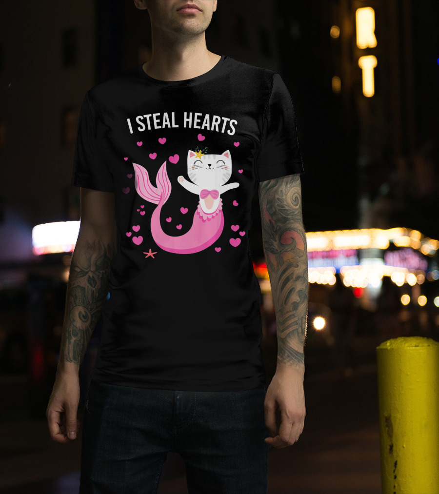 I Steal Hearts Purrmaid Cat Mermaid With Pink Hearts T-Shirt