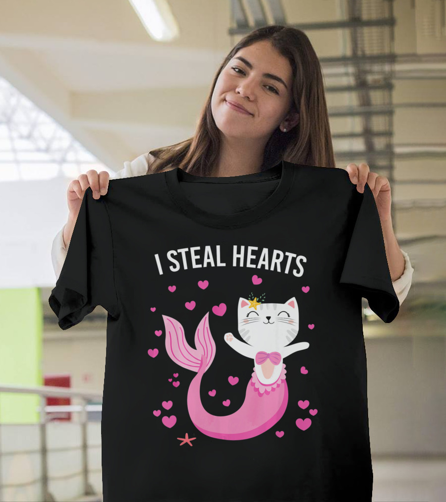 I Steal Hearts Purrmaid Cat Mermaid With Pink Hearts T-Shirt