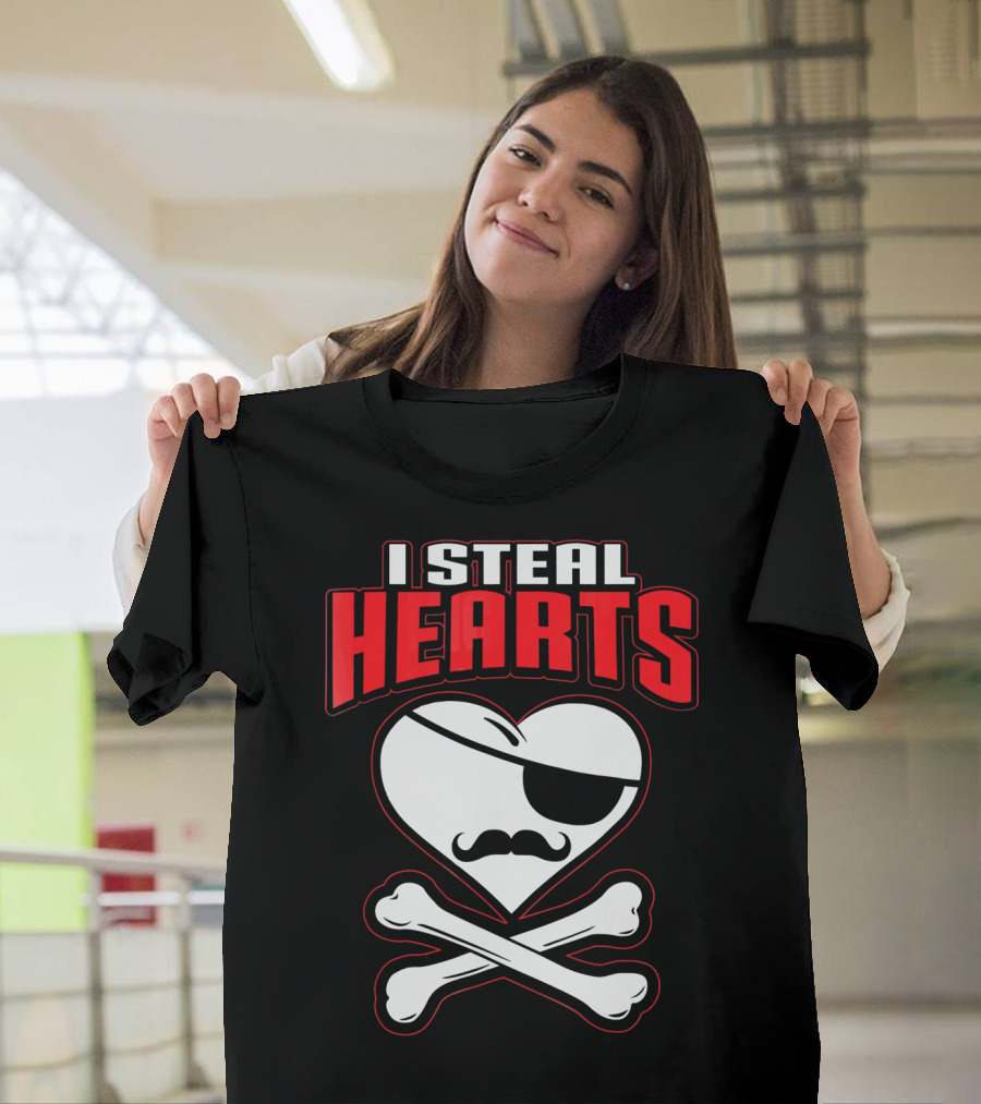 I Steal Hearts Pirate Mustache Crossbones Valentine T-Shirt