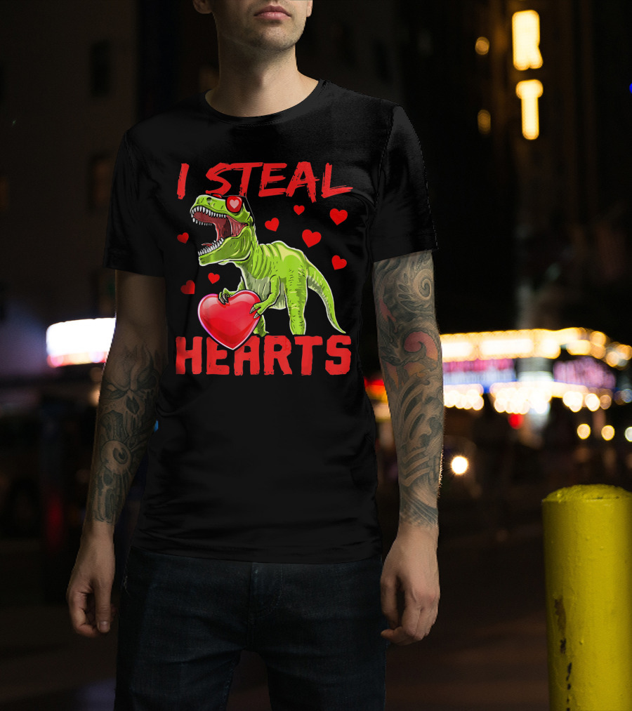 I Steal Hearts Valentines Day Rex Dino Holding Heart Surrounded By Hearts T-Shirt