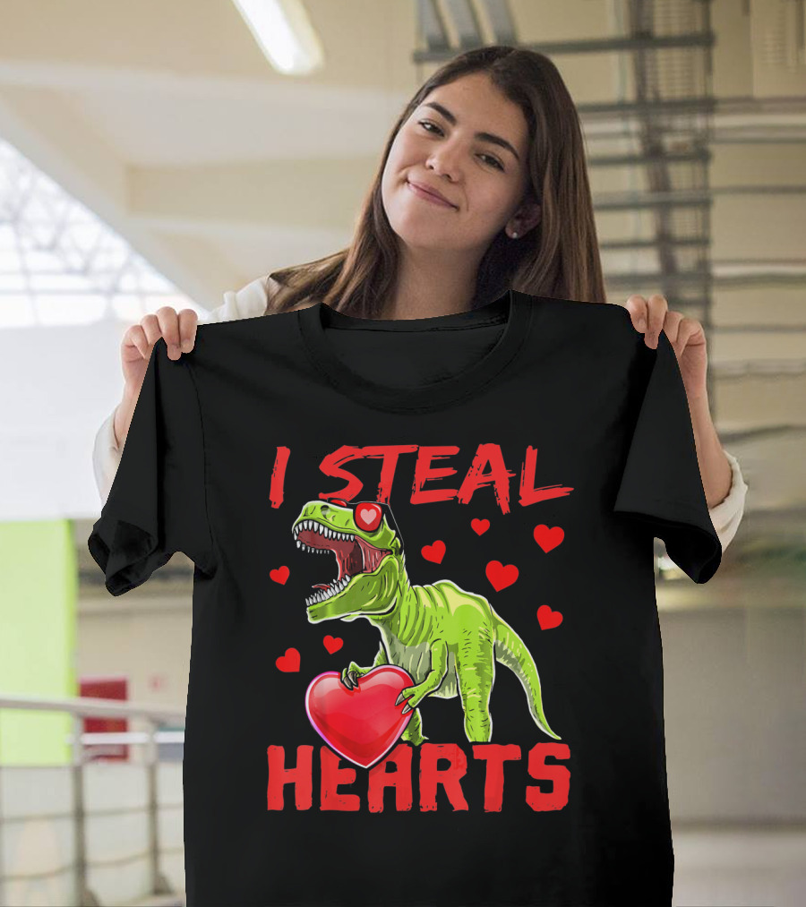 I Steal Hearts Valentines Day Rex Dino Holding Heart Surrounded By Hearts T-Shirt