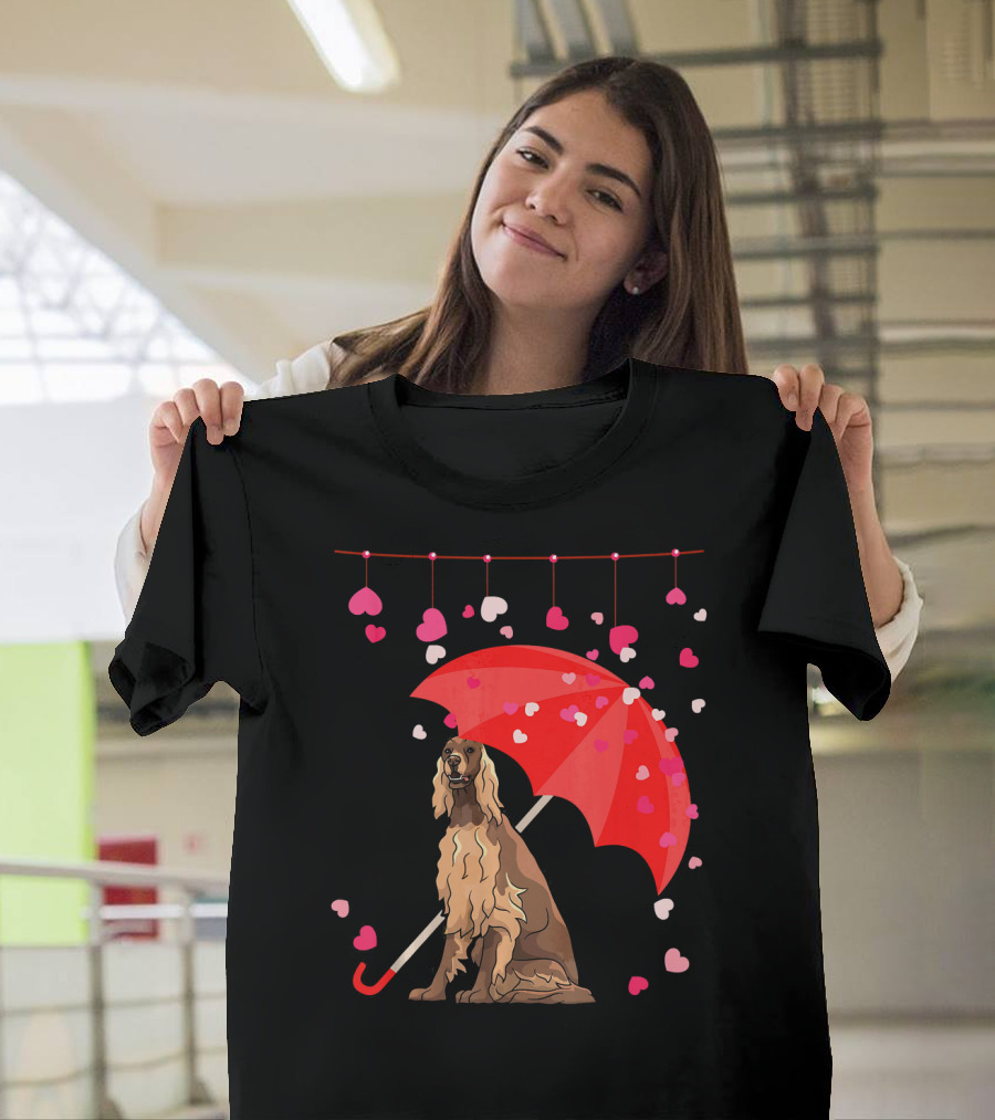 Irish Setter with Red Umbrella and Falling Hearts Valentine T-Shirt