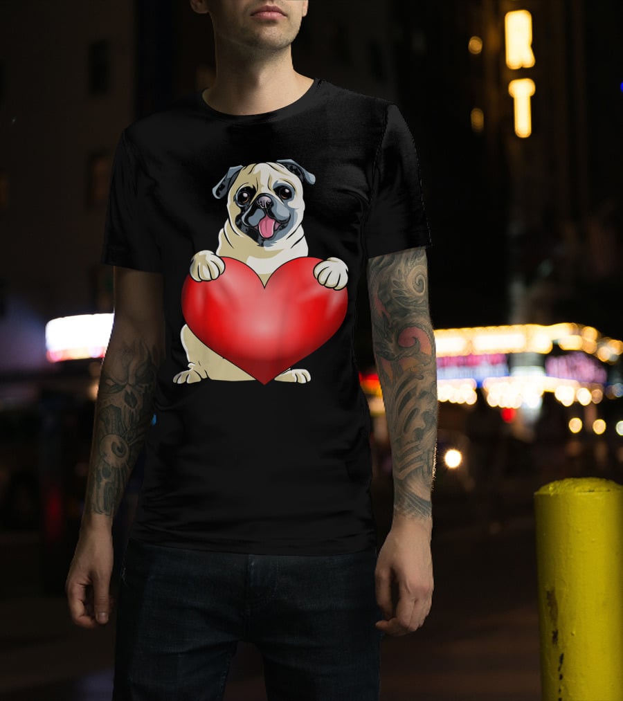 Kids Valentines Day Pug Dog Heart T-Shirt