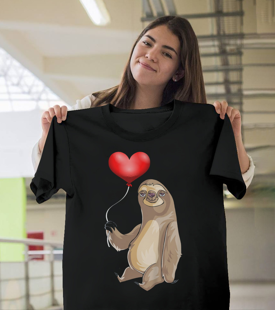 Kids Valentines Day Sloth Holding Heart Balloon T-Shirt