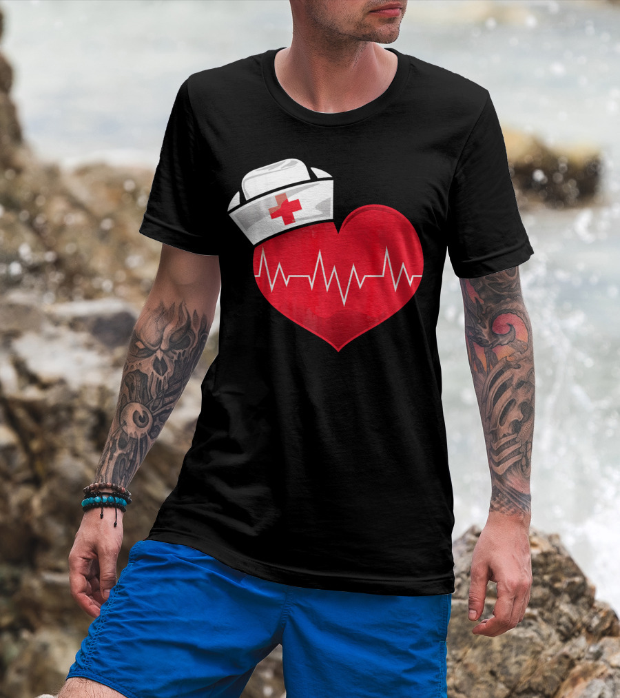 Nurse Heartbeat Valentine Costume With White Nurse Hat And Red Heartbeat Line T-Shirt