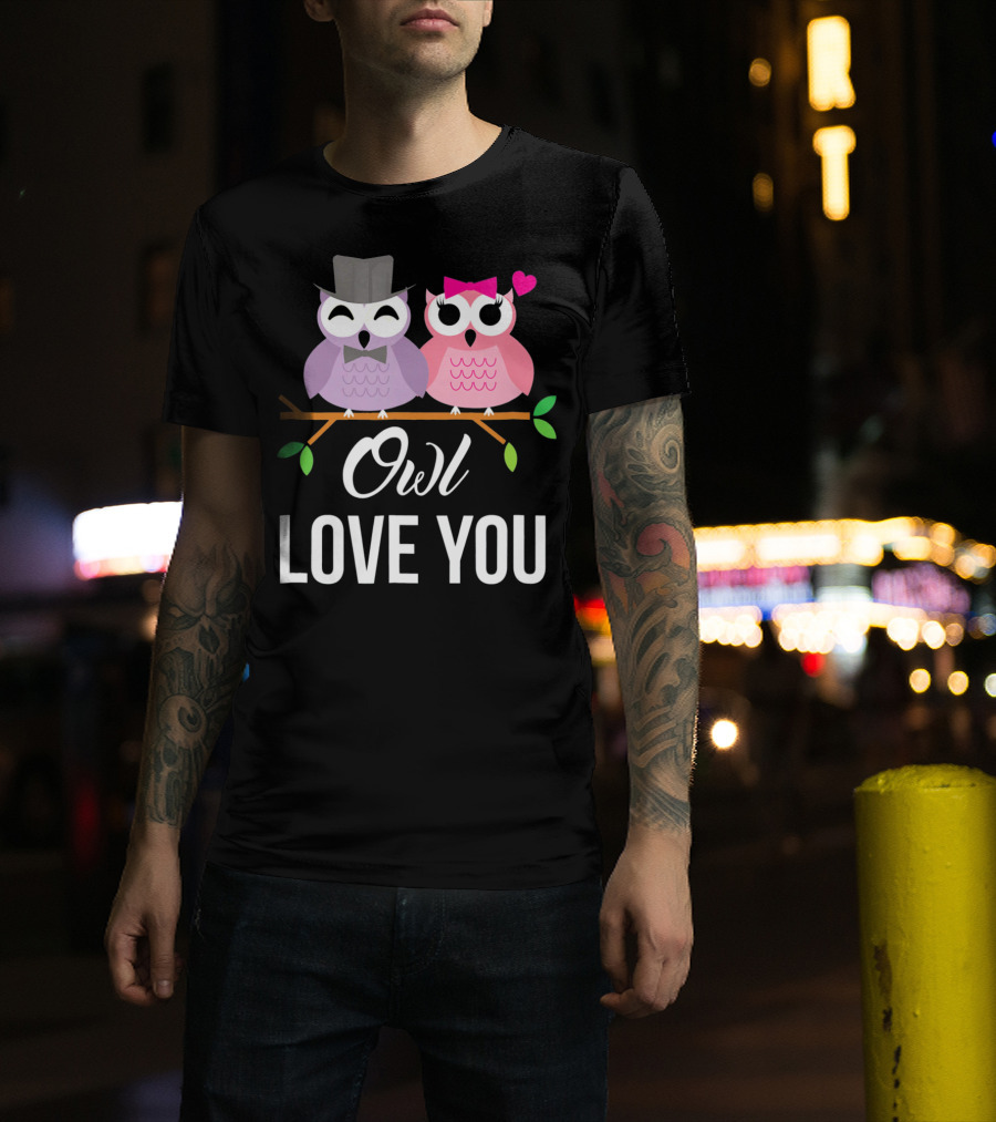 Owl Love You Valentines Pink And Purple Owls With Hats And Heart T-Shirt