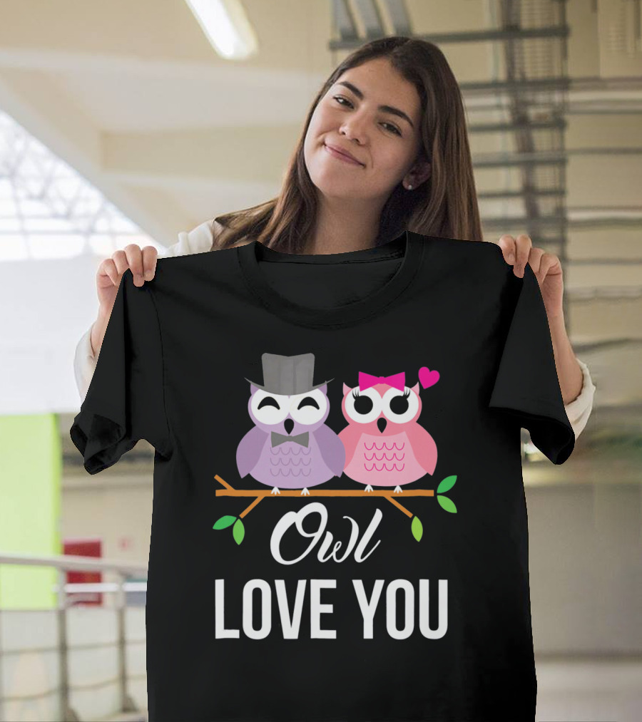 Owl Love You Valentines Pink And Purple Owls With Hats And Heart T-Shirt