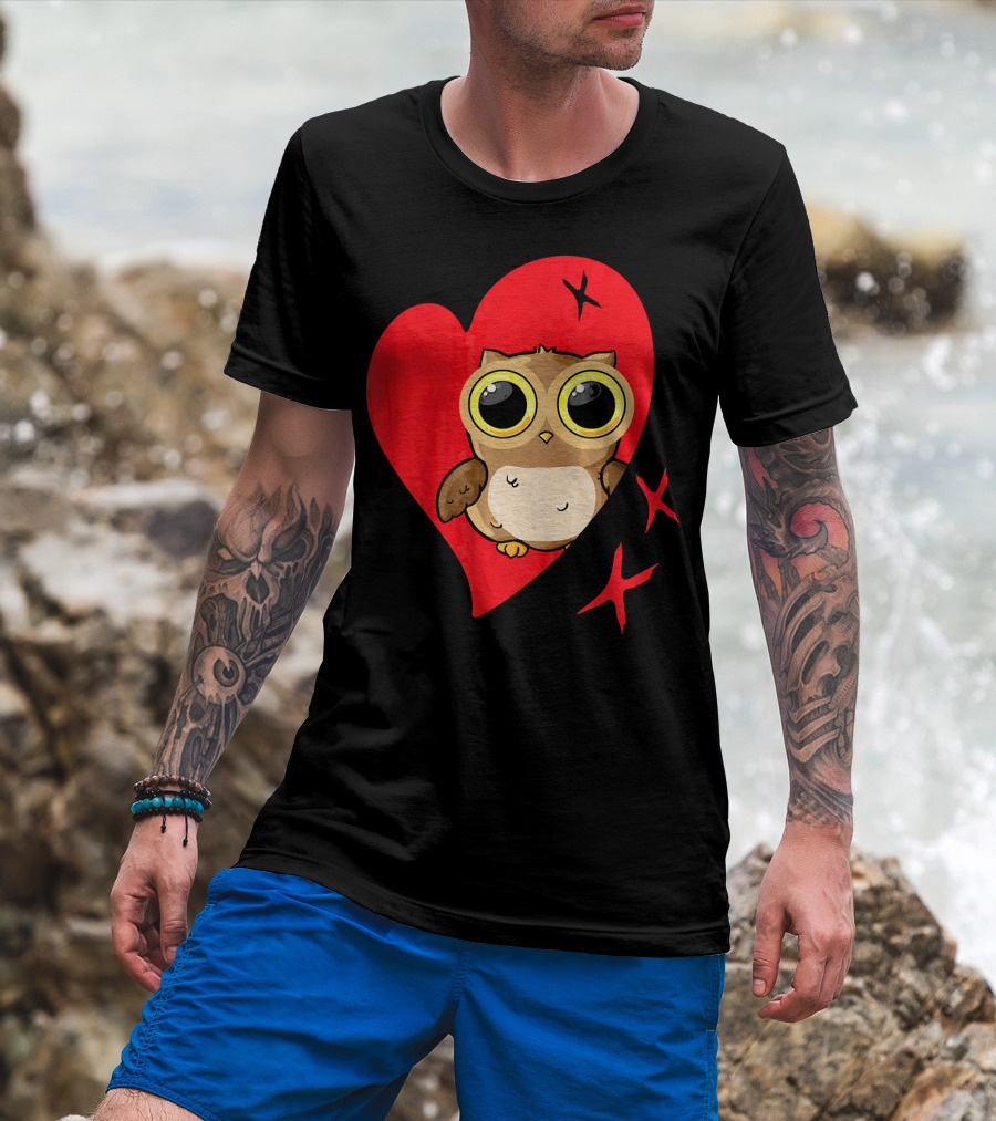 Valentine Day Red Heart Owl With Big Eyes T-Shirt