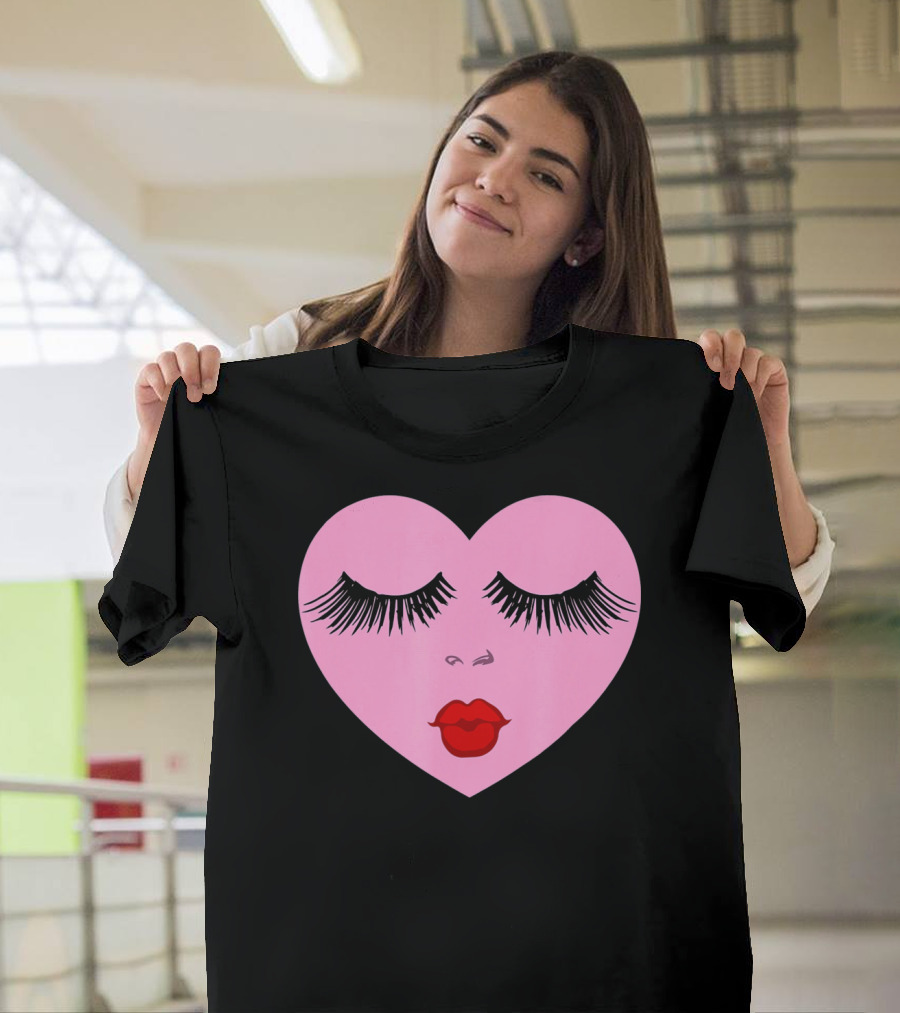Pink Heart with Eyelashes and Red Lips Valentine T-Shirt