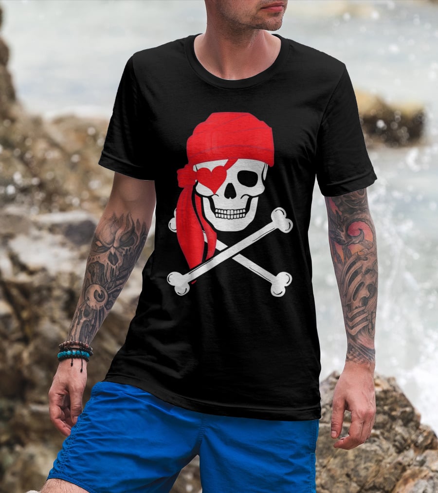 Pirate Skull And Cross Bones Heart Eyepatch Valentines T-Shirt