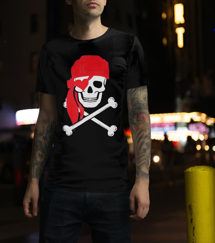 Pirate Skull And Cross Bones Heart Eyepatch Valentines T-Shirt