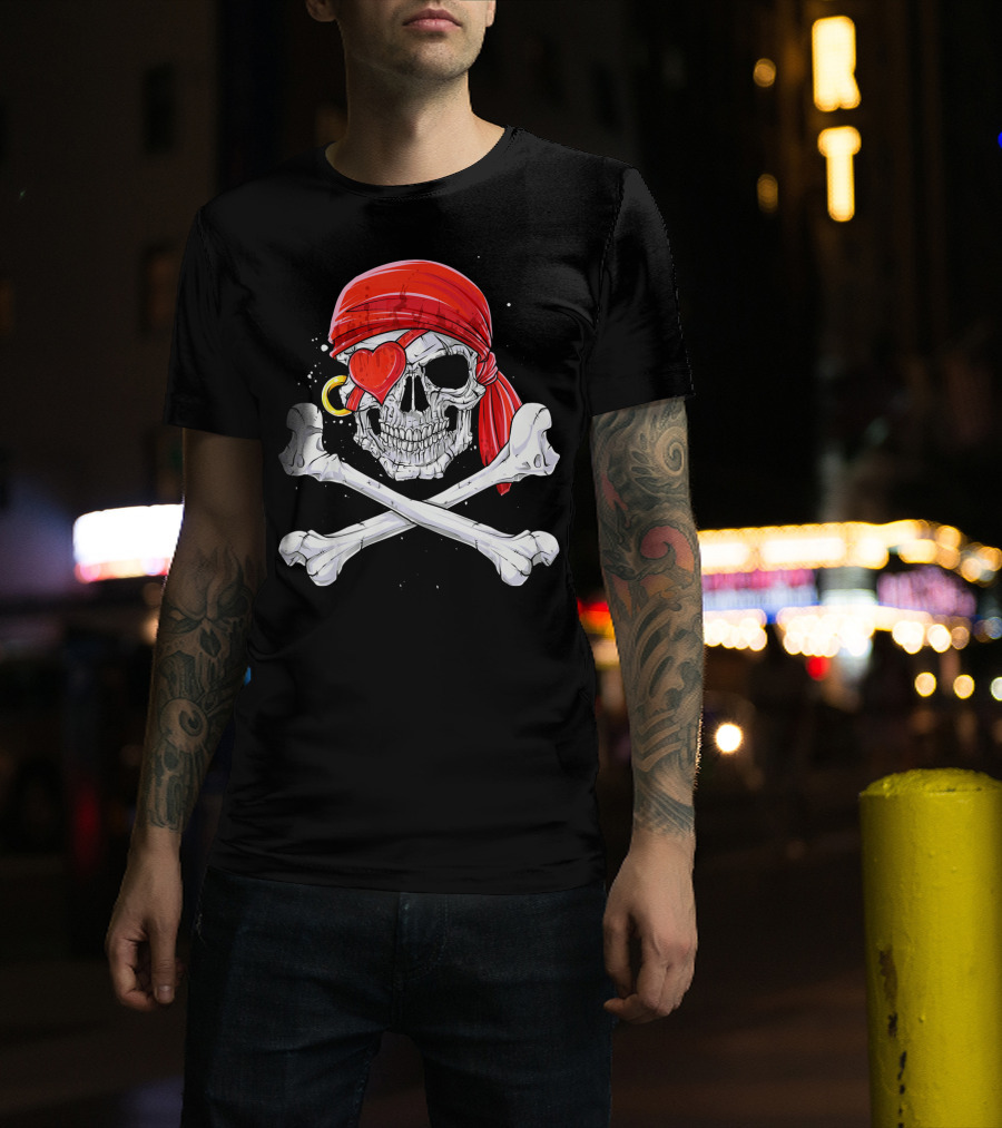 Valentine Pirate Skull With Heart Eye Patch And Crossbones T-Shirt