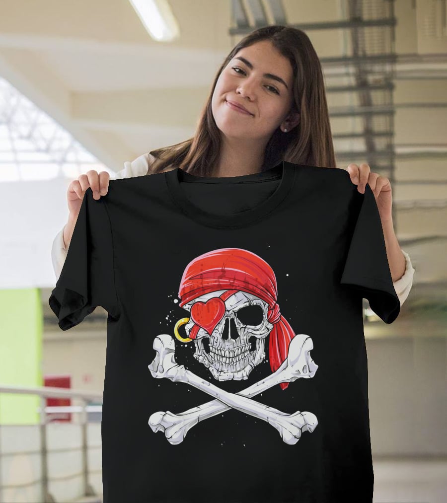 Valentine Pirate Skull With Heart Eye Patch And Crossbones T-Shirt
