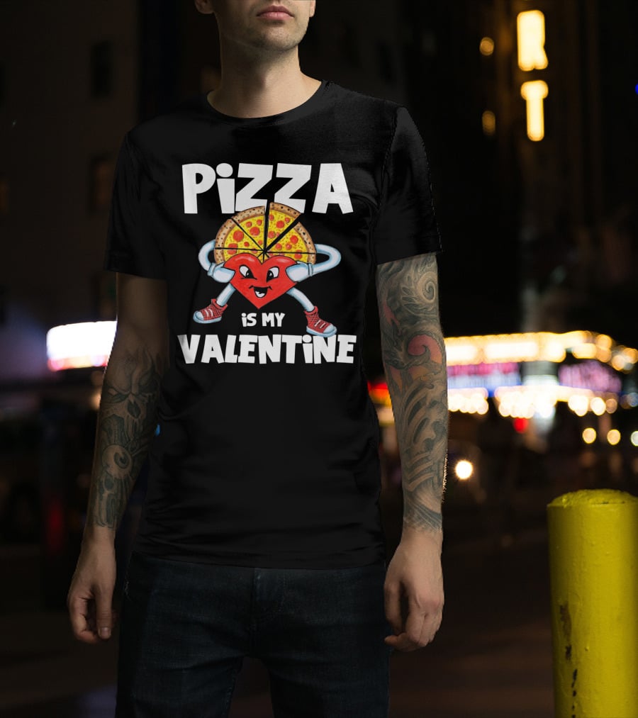 Pizza Is My Valentine Comic Heart Character With Pizza Slice Valentine’s Day T-Shirt