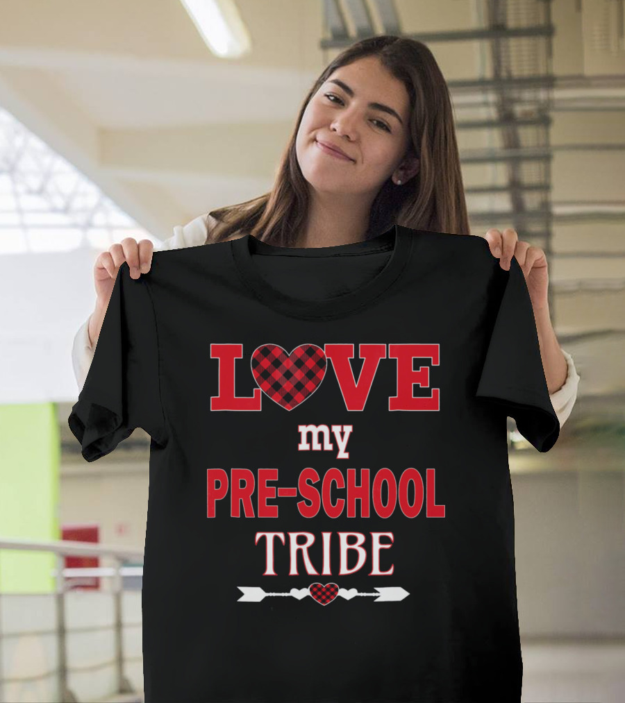 LOVE My Preschool Tribe Buffalo Plaid Heart Arrow T-Shirt