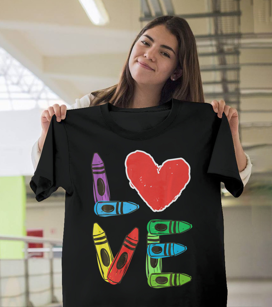 Love Crayon Heart Preschool Teacher Valentines Day T-Shirt
