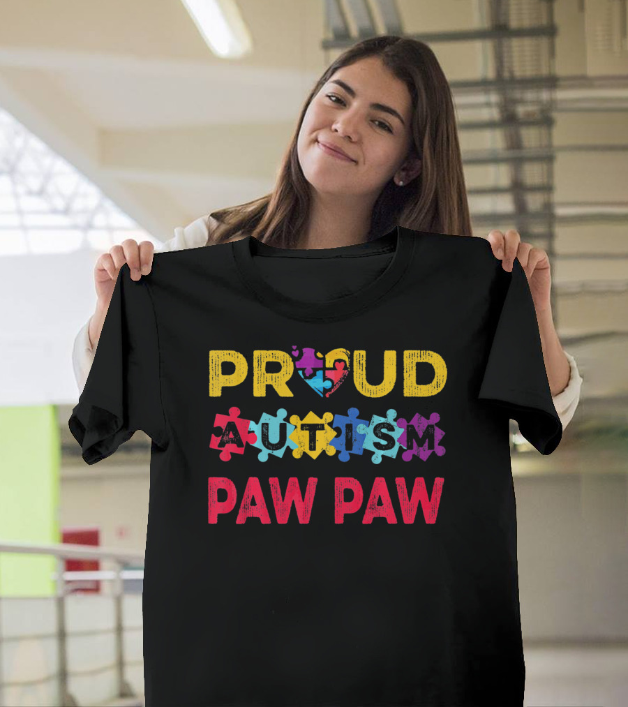 Proud Autism Paw Paw Valentine's Heart Puzzle T-Shirt
