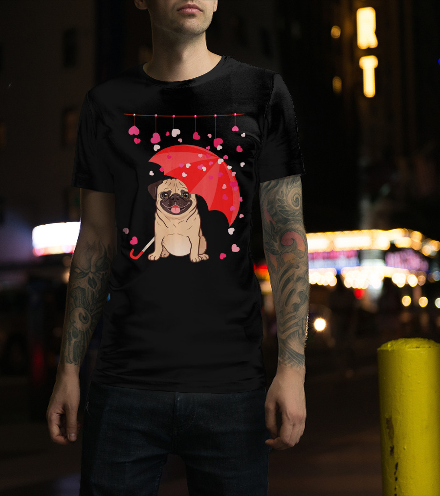Pug With Umbrella And Falling Hearts Valentine's Day T-Shirt