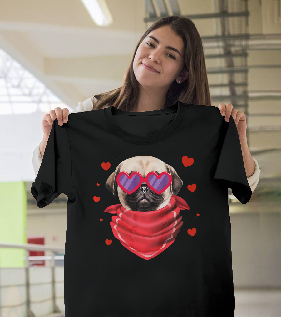 Pug Valentines Day Heart-Shaped Glasses And Bandana With Hearts T-Shirt